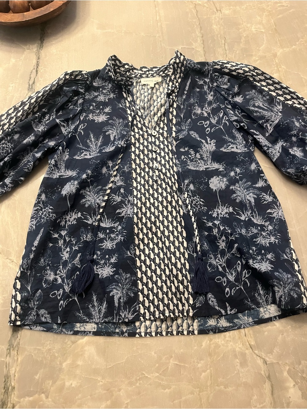 entro Navy and White Printed Blouse with Tassel Tie